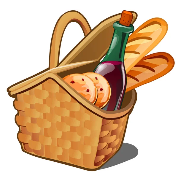 Cesta de mimbre picnic con productos alimenticios, galletas de avena, botella de vino, pan fresco aislado sobre fondo blanco. Ilustración vectorial . — Vector de stock