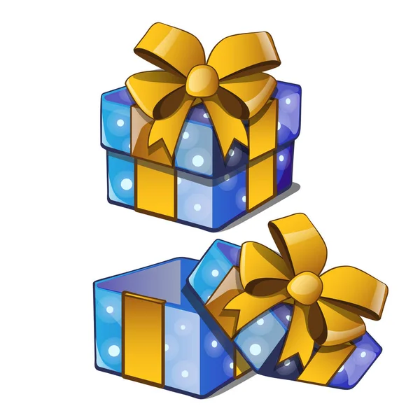 Caja de regalo con un bowknot dorado con papel envuelto de color azul aislado sobre un fondo blanco. Ilustración vectorial . — Vector de stock