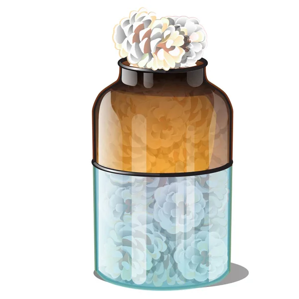 Vaso di vetro con coni di pino coperto con Hoarfrost isolato su sfondo bianco. Stile realistico. Attributi di Capodanno e Natale. Illustrazione vettoriale . — Vettoriale Stock