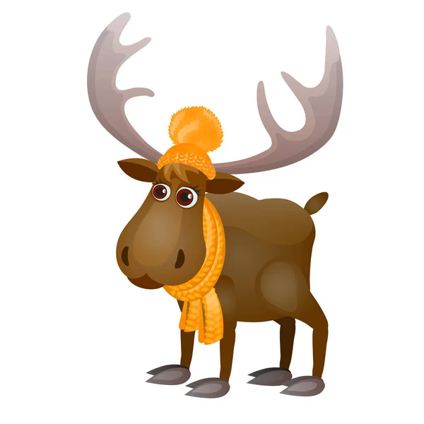 Cute Frozen Cartoon Moose In Knitted Scarf And Hat Isolated On A White Background. Vector Illustration. — Stock Vector