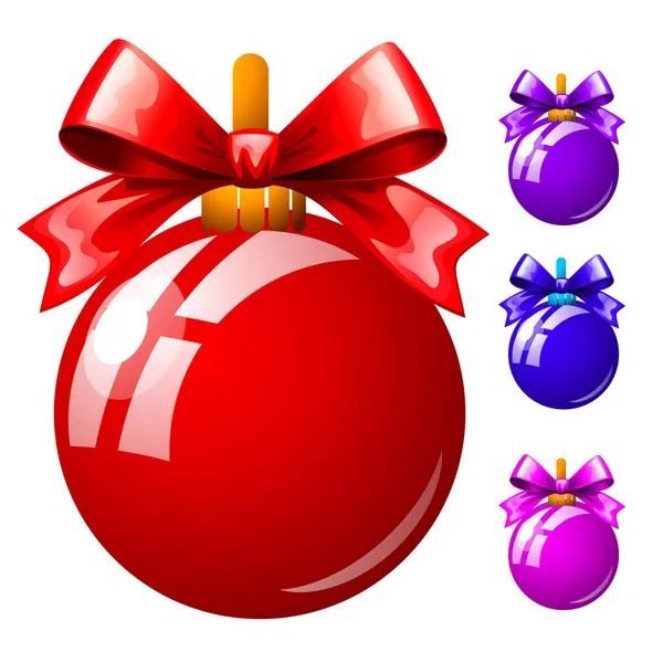 Set de bolas navideñas multicolores con bowknots aislados sobre fondo blanco. Coloridos adornos festivos. Plantilla del cartel, invitación y otras tarjetas. Ilustración vectorial . — Vector de stock