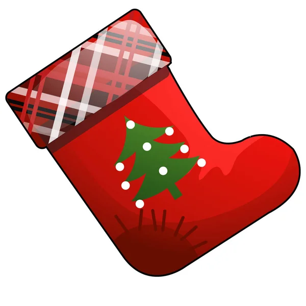 Рождественский мультфильм красный ботинок Санта-Клауса с патчем изолированы на белом фоне. Векторная иллюстрация крупным планом . — стоковый вектор