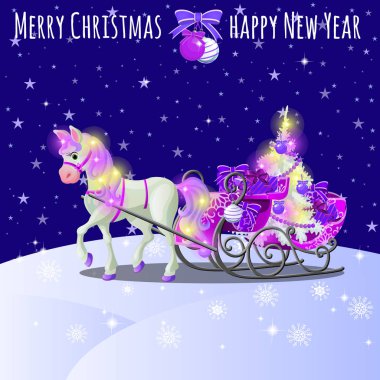 Pembe bir yele ve nallar, atlı kızak ile animasyon at ile Noel kroki hediye kutuları ve baubles ile dolu. Örnek metin, yeni yıl eğlencesi daveti ve diğer kartlar ile Noel posterin. Vektör çizim