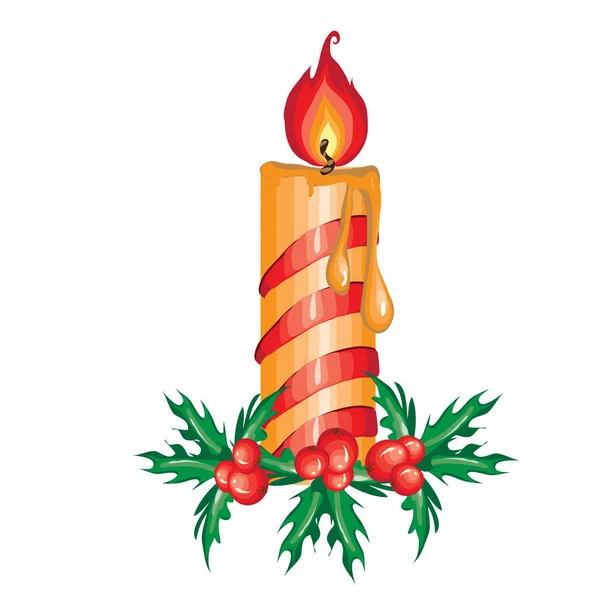 Рождественский скетч с горящей свечой на листьях Холли. Образец плаката, приглашения и другие открытки. Векторная иллюстрация . — стоковый вектор