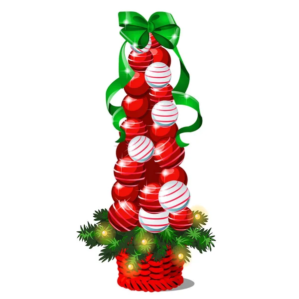 Topiário de desenhos animados na forma de uma árvore de Natal cone com bugigangas e laço de fita verde. Esboço de cartão de saudação, cartaz festivo ou convites partidos.Os atributos de Natal e Ano Novo. Vetor . — Vetor de Stock