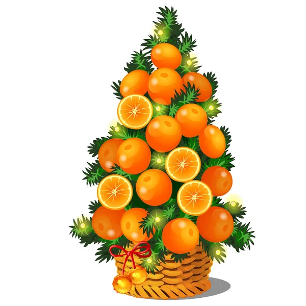 Cartone animato topiaria sotto forma di un cono albero di Natale con arance. Schizzo per biglietto di auguri, poster festivo o inviti alle feste. Gli attributi di Natale e Capodanno. Vettore . — Vettoriale Stock