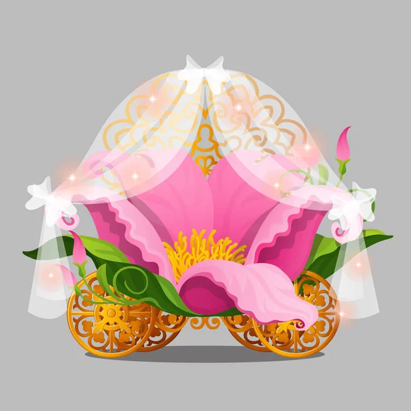 Cama de fantasía la Princesa en pétalos de flores rosadas con ruedas doradas de un fabuloso carro aislado sobre un fondo gris. Ilustración vectorial . — Vector de stock