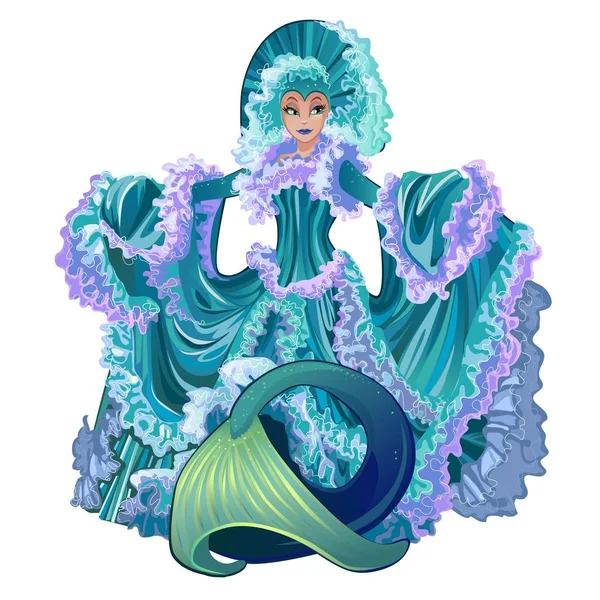 Sirena con lujoso vestido aislado sobre fondo blanco. Hermosos personajes de cuento de hadas bajo el agua con el cuerpo humano y la cola de pescado. ilustración de primer plano de dibujos animados vectoriales . — Vector de stock