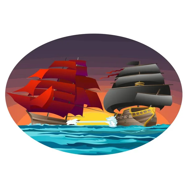 Oval poster with two sea ships with red and black sails. Vector cartoon close-up illustration. — Stock Vector