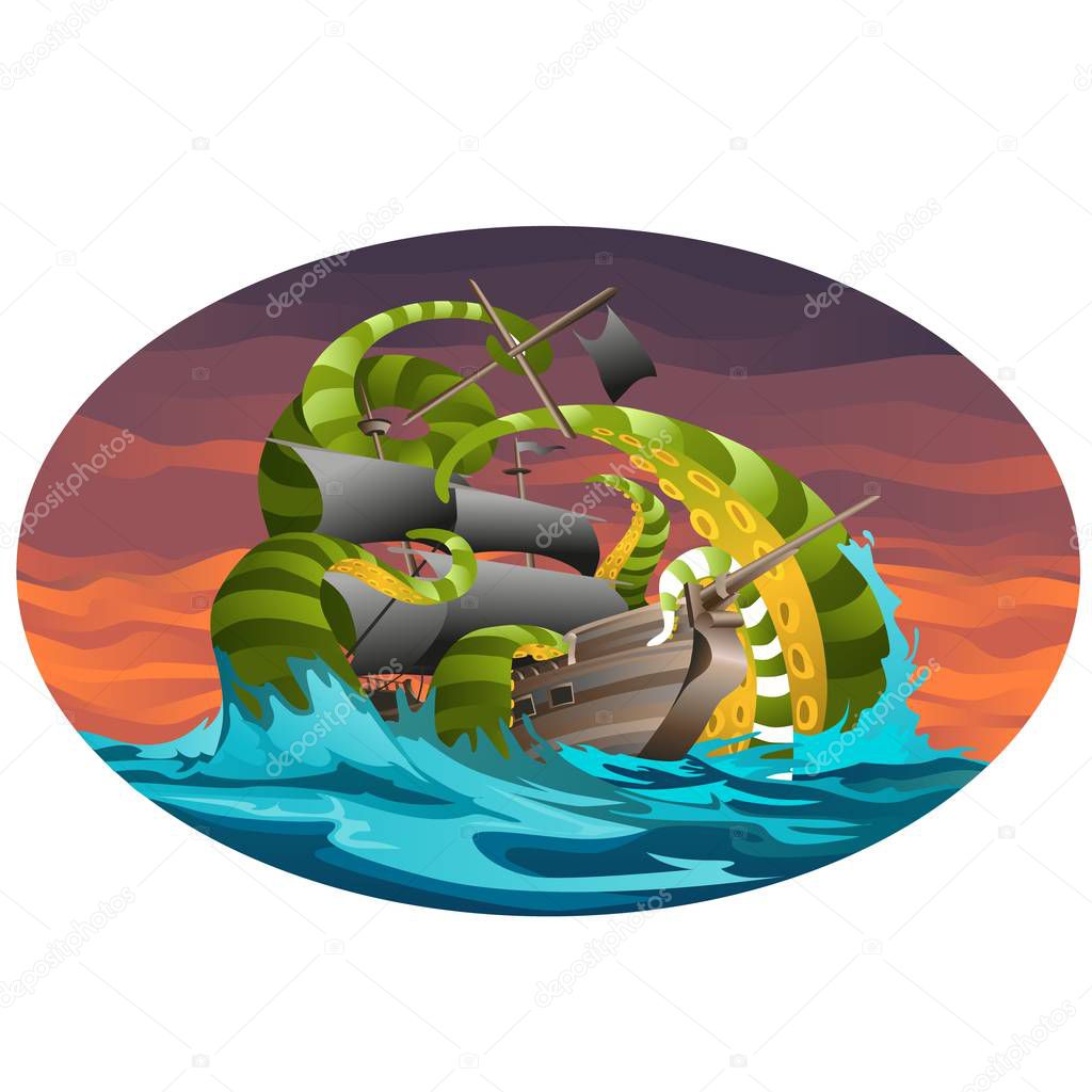 Oval poster with sea ship captured by octopus tentacles. Vector cartoon close-up illustration.