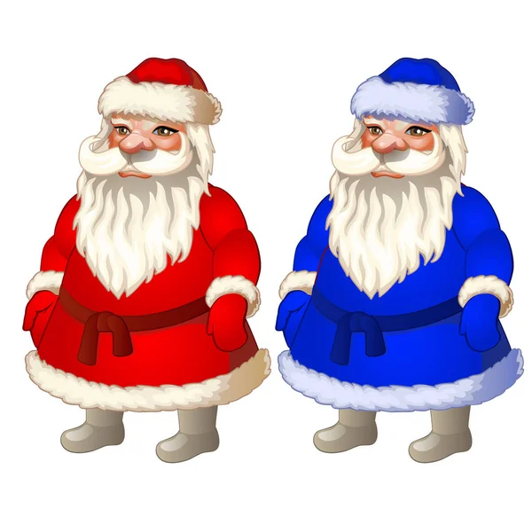 Set animasi Santa Claus dalam kostum Natal merah dan biru. Contoh poster, undangan dan kartu lainnya. Ilustrasi vektor . - Stok Vektor