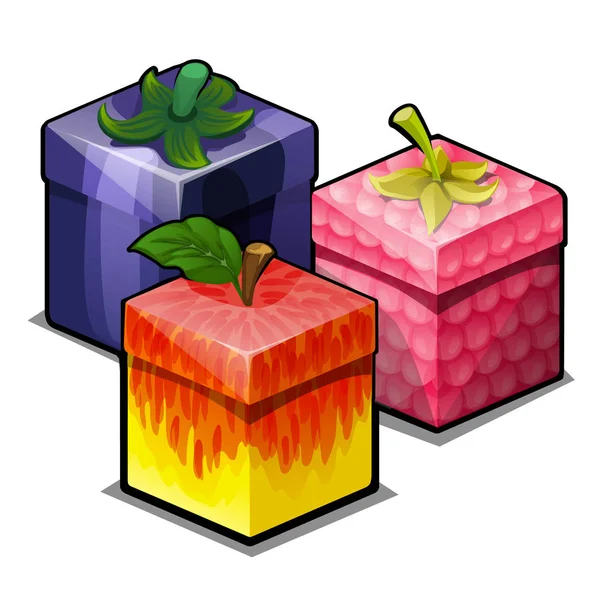 Un conjunto de cajas con decoración en forma de verduras y frutas aisladas sobre fondo blanco. Ideas de diseño regalos de embalaje. Ilustración vectorial . — Vector de stock