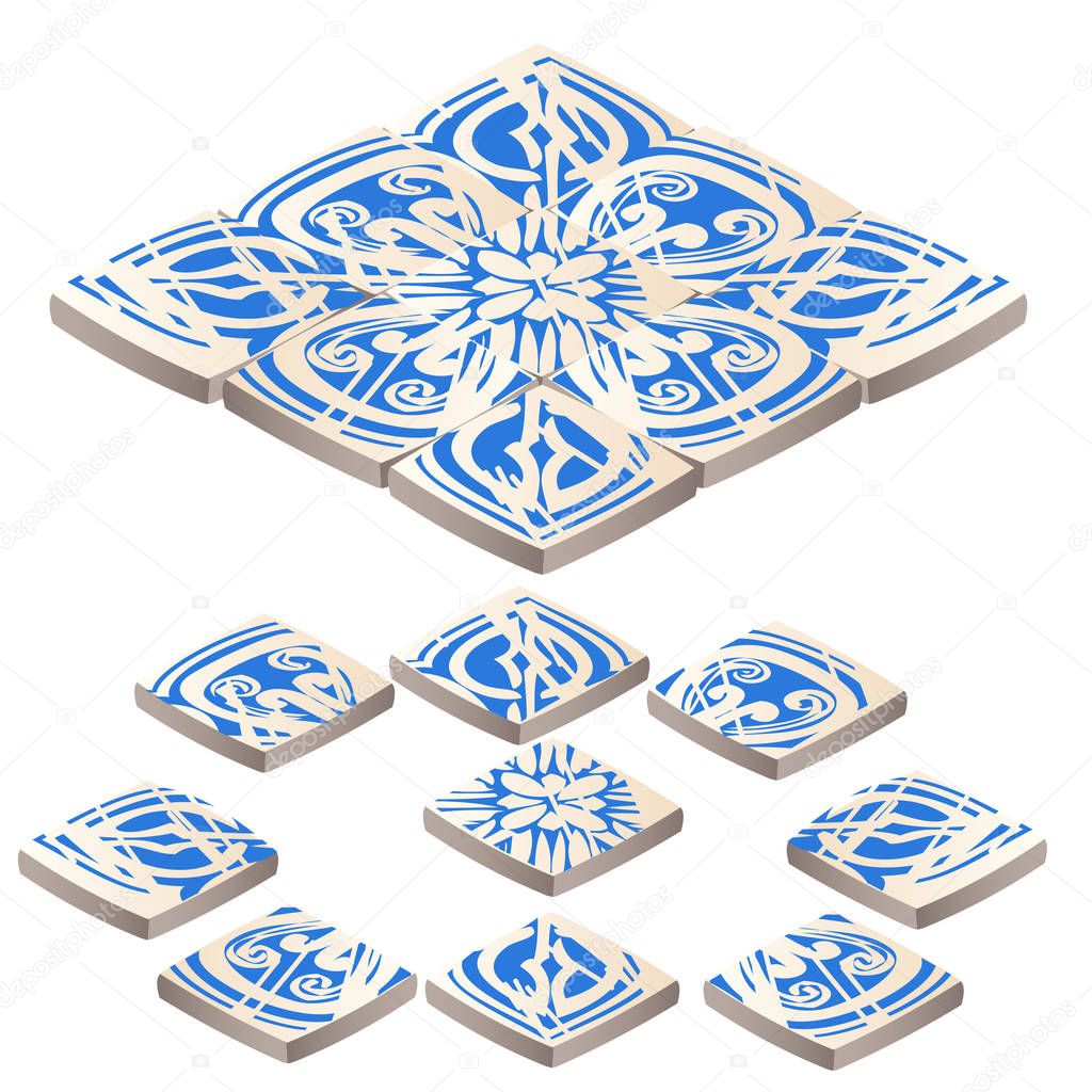 Set of floor tile with ornament blue color in the style of the frosty patterns isolated on white background. Vector cartoon close-up illustration.