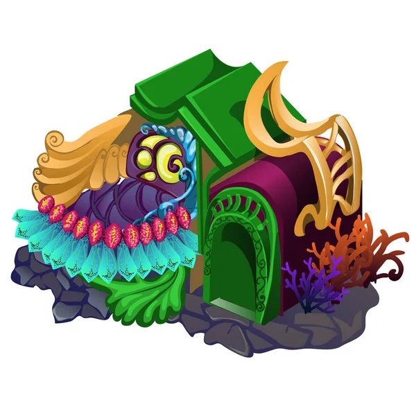 Fairy huis met ornament in de vorm van onderwater planten en bewoners geïsoleerd op een witte achtergrond. Vectorillustratie. — Stockvector