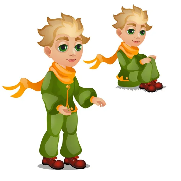 Animierter blonder Junge in grüner Kleidung isoliert auf weißem Hintergrund. Vektor-Karikatur in Nahaufnahme. — Stockvektor