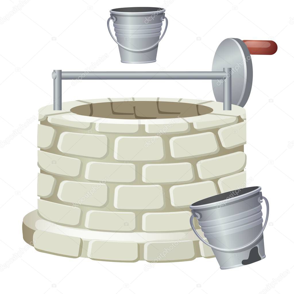 Well made of bricks isolated on white background. Vector cartoon close-up illustration.