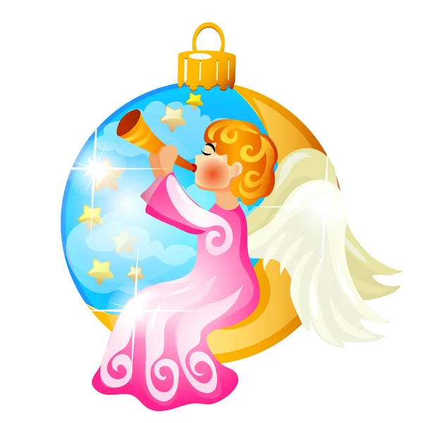 Sketch with Christmas tree decoration in the form of angel, playing the flute, isolated on white background. Colorful festive bauble. Template of poster, invitation, card. Vector cartoon close-up. — Stock Vector