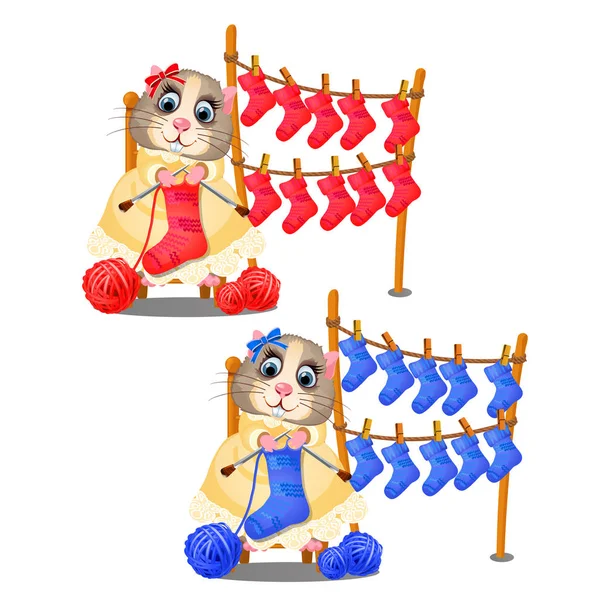 Schattige hamster glimlachend en breien sokken geïsoleerd op een witte achtergrond. Hobby en handgemaakte fabricage van wollen kleding. Grappige dieren. Vectorillustratie cartoon close-up. — Stockvector