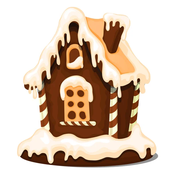 Праздничный торт в виде деревенского дома оформлен в рождественском стиле изолирован на белом фоне. Сладкая праздничная выпечка. Рисунок для поздравительной открытки, праздничный плакат. Пряничный домик. Векторная карикатура . — стоковый вектор