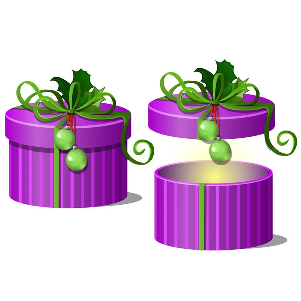 Set di scatole regalo decorate colore viola con coperchi legati con un fiocco nastro verde con foglie di Holly isolato su sfondo bianco. Idee di confezionamento regali. Illustrazione ravvicinata del fumetto vettoriale . — Vettoriale Stock