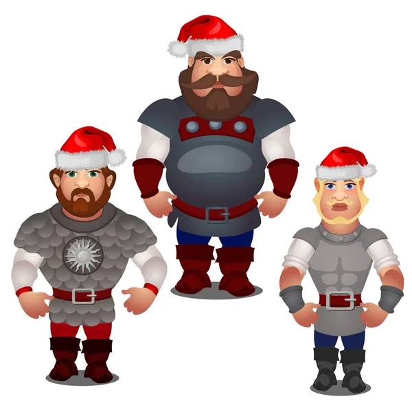 一套俄罗斯民间传说和民间故事的史诗英雄与圣诞老人的红帽子与在白色背景上孤立的庞波姆。向量动画片特写例证. — 图库矢量图片