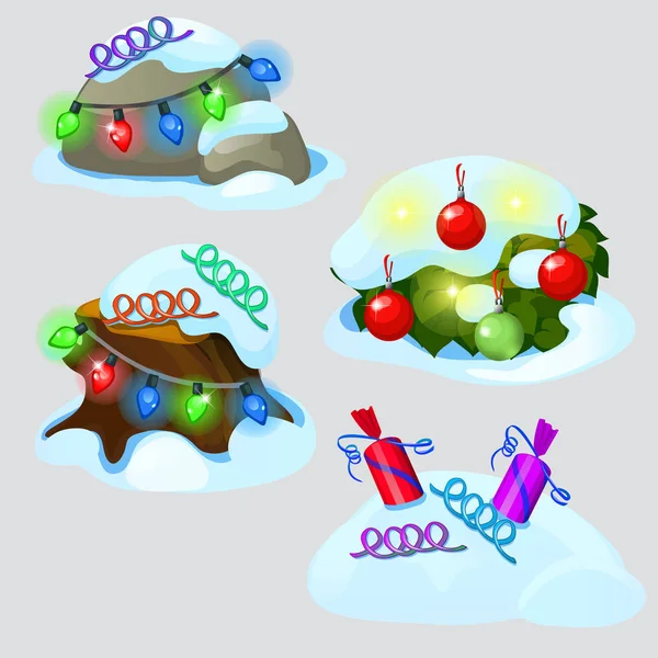 Set von verschneiten Weihnachtsdekorationen und Christbaumkugeln isoliert auf grauem Hintergrund. Vektor-Karikatur in Nahaufnahme. — Stockvektor
