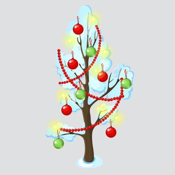 Árvore urbana decorada com enfeites de Natal, bolas de vidro e bugigangas isoladas em fundo cinza. Desenhos animados vetoriais ilustração close-up . —  Vetores de Stock