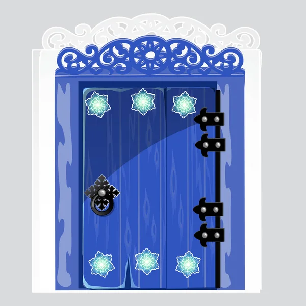 Porta de madeira azul de entrada com padrões floco de neve isolado no fundo cinza. Ideia interior festivo. Atributos de Ano Novo e Natal. Desenhos animados vetoriais ilustração close-up . —  Vetores de Stock