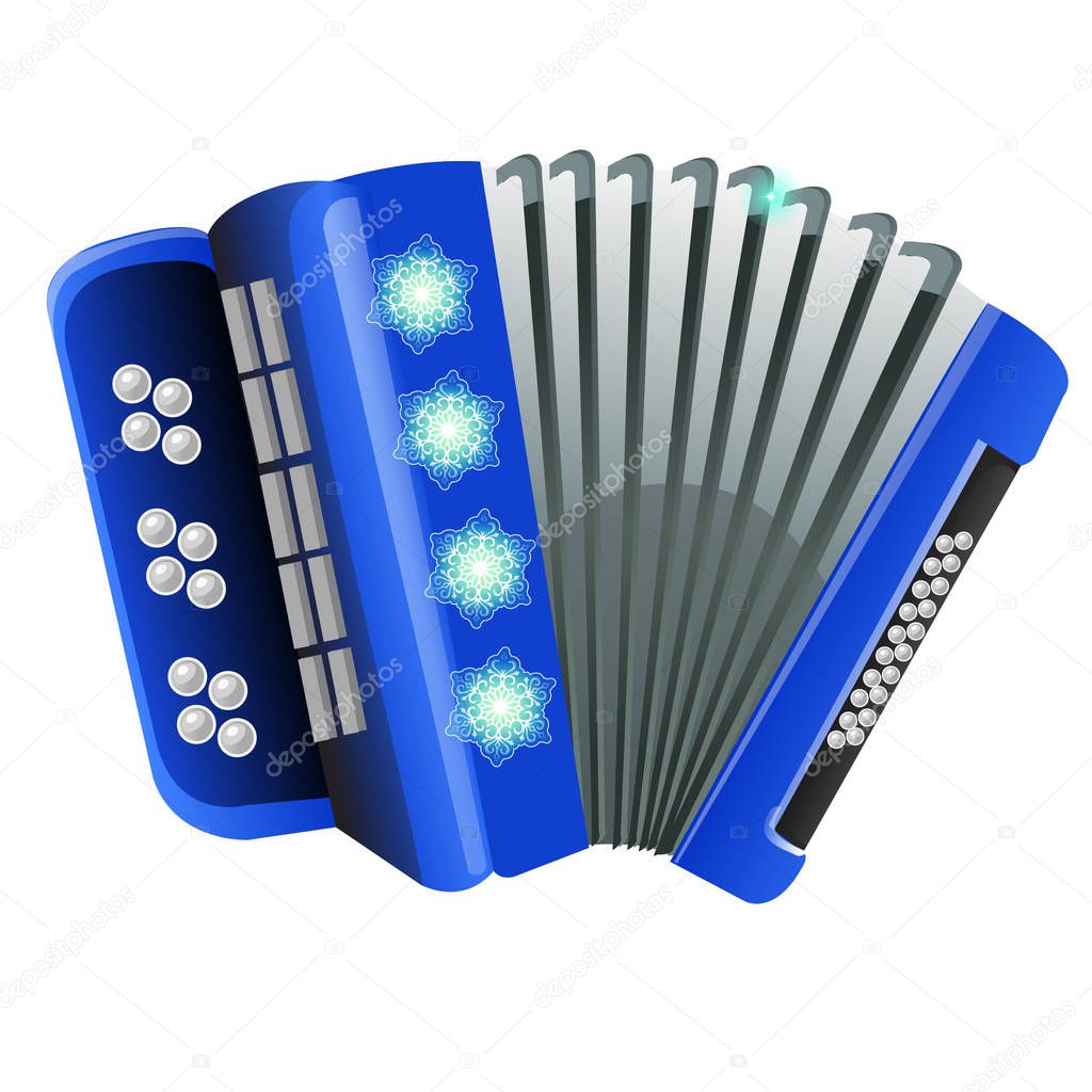 Blue accordion with patterns snowflake isolated on white background. Sample of poster, party invitation and other card Vector cartoon close-up illustration.