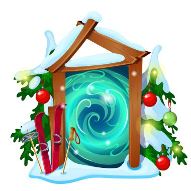 Beyaz arka plan üzerinde izole Noel ve yeni yıl baubles ile dekore edilmiş ahşap çerçeve ile açtı. Poster, yeni yıl eğlencesi daveti, tebrik kartı örneği. Vektör karikatür yakın çekim Şekil.
