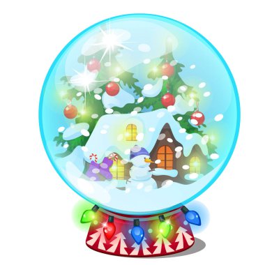 Beyaz arka plan üzerinde izole bir cam top evde şeklinde Noel Hediyelik eşya. Vektör karikatür yakın çekim Şekil.