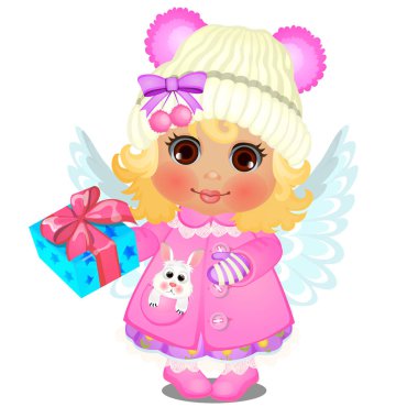 Kış elbiseleri pembe pon pon ve melek kanatlı örme kap ile animasyonlu şirin küçük kız beyaz arka plan üzerinde izole bir kutu onun Noel hediyesi ile tutar. Vektör karikatür yakın çekim Şekil.