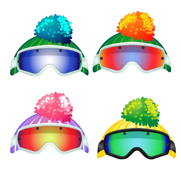 Set of colored goggles of the skier and the knitted hats with pompon isolated on white background. Vector cartoon close-up illustration. — Stock Vector