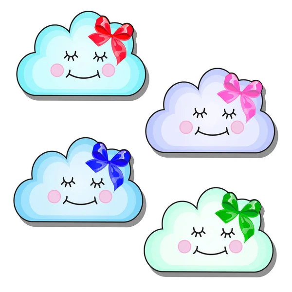 Set lachende grappig wolken met lint boog geïsoleerd op een witte achtergrond. Vectorillustratie cartoon close-up. — Stockvector