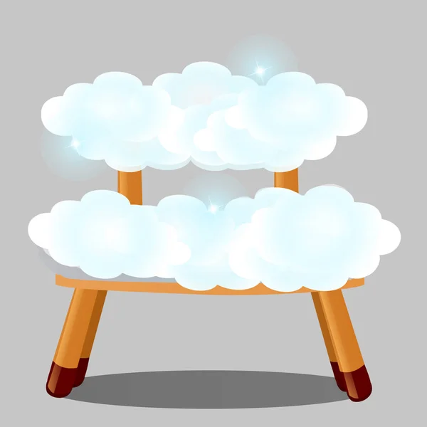 Wooden stool upholstered in clouds isolated on grey background. The highest degree of comfort. Vector cartoon close-up illustration. — Stock Vector