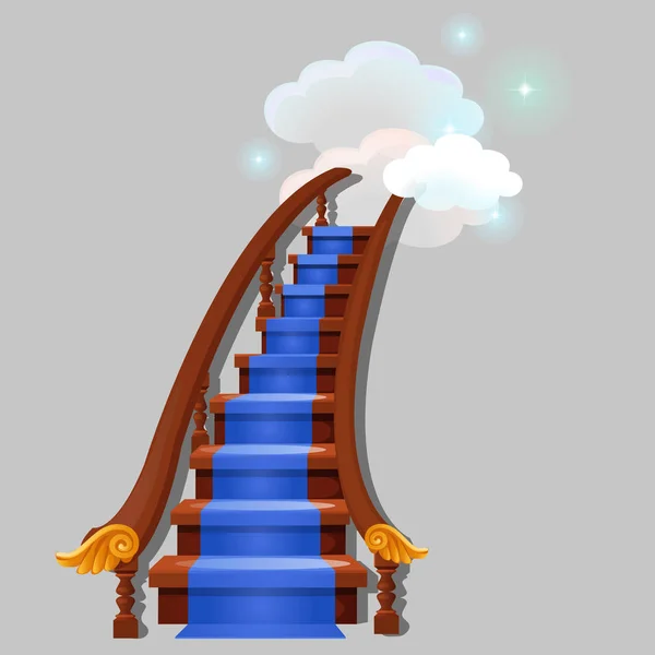 蓝色地毯的楼梯通向云端, 在灰色背景上孤立着闪亮的星星。贺卡、节日海报或派对请柬素描。向量动画片特写例证. — 图库矢量图片