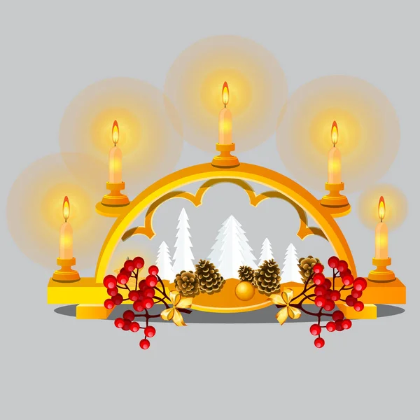 Christmas skiss med brinnande ljus i gyllene ljushållare med festliga dekorationer och grannlåt i orientalisk stil isolerad på grå bakgrund. Vektor tecknad närbild illustration. — Stock vektor