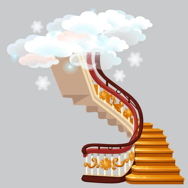 Die goldene Treppe, die in die Schneewolken führt, mit Schneeflocken auf grauem Hintergrund. Skizze für Grußkarten, Festplakate oder Party-Einladungen. Vektor-Karikatur in Nahaufnahme. — Stockvektor
