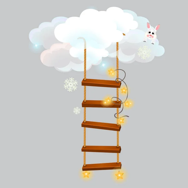 De hangende ladder leidt in de sneeuw wolken geïsoleerd op een grijze achtergrond. Schets voor wenskaart, feestelijke poster of uitnodigingen voor een feest. Vectorillustratie cartoon close-up. — Stockvector