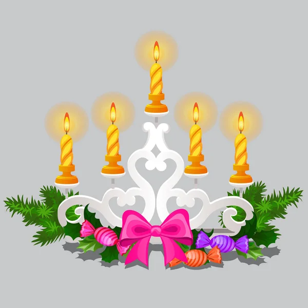 Christmas sketch with burning candles in candle holder with festive decorations, sweets and baubles isolated on grey background. Vector cartoon close-up illustration. — Stock Vector