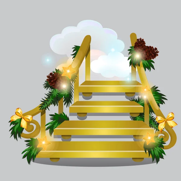 De gouden trap leidt naar de sneeuw wolken geïsoleerd op een grijze achtergrond. Schets voor wenskaart, feestelijke poster of uitnodigingen voor een feest. Vectorillustratie cartoon close-up. — Stockvector