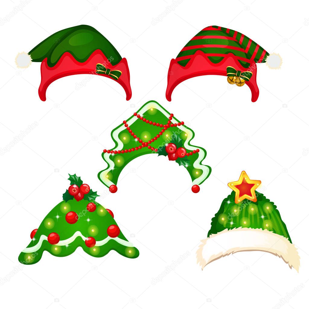 A set of hat and headbands in the style of Christmas and New year isolated on white background. Vector cartoon close-up illustration.