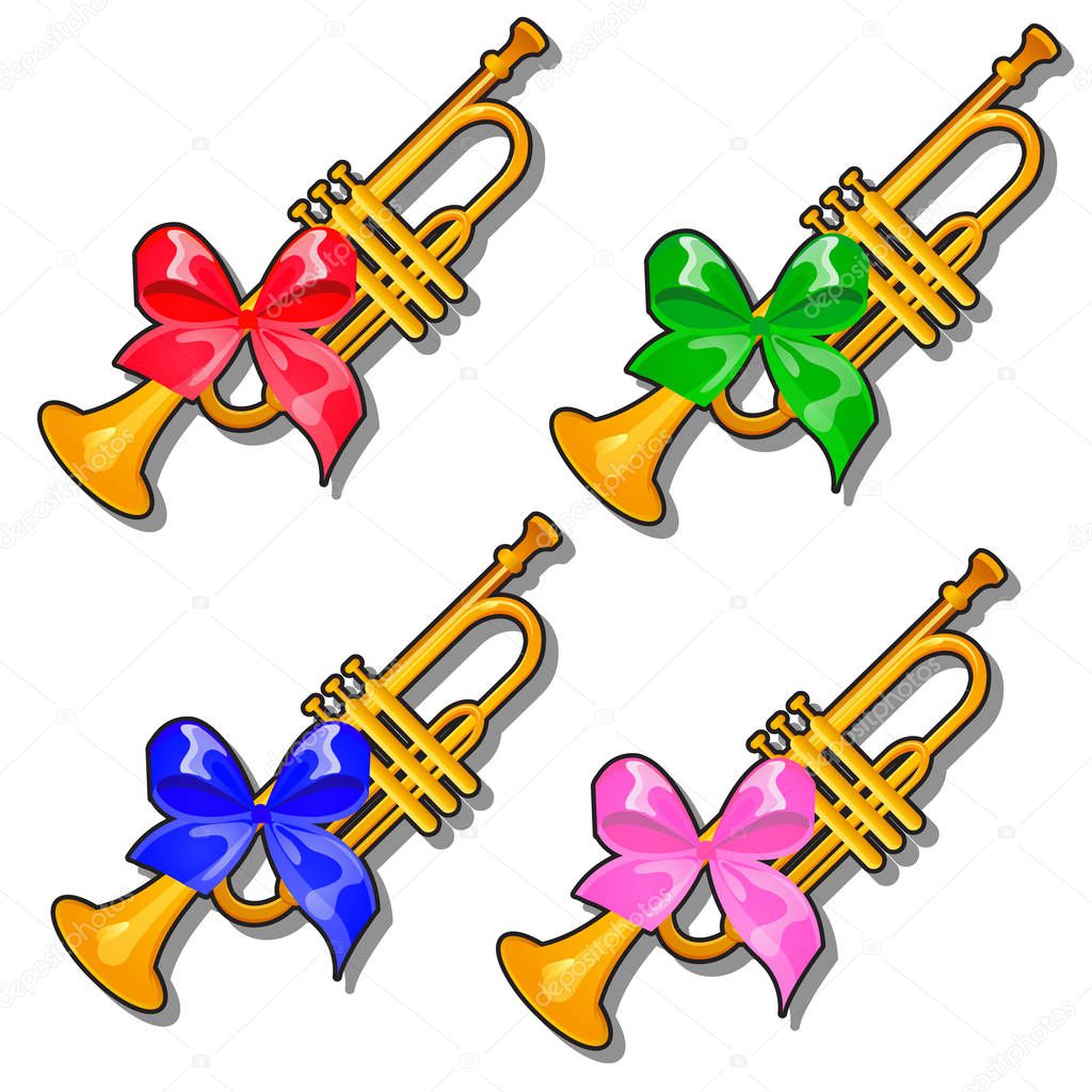 Set of golden pioneer trumpets with colored ribbon bow isolated on white background. Vector cartoon close-up illustration.