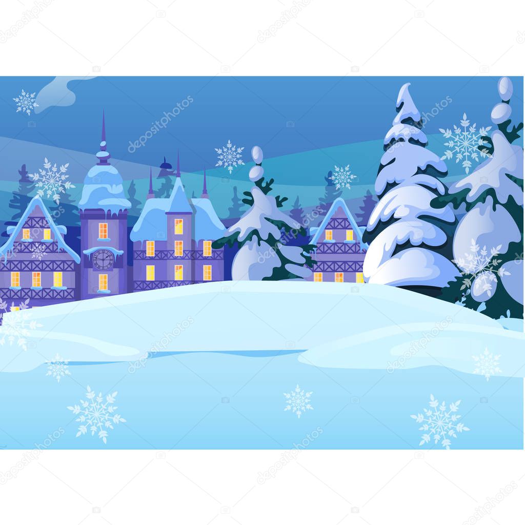 Sketch for Christmas poster with cozy small houses in old town or village. Template for greeting card or party invitation. Snowy winter landscape. Festive mood. Vector cartoon close-up illustration.