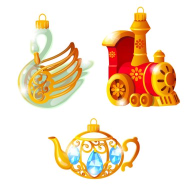 Noel ağacı süslemeleri ile farklı formlarda beyaz arka plan üzerinde izole kroki. Renkli festival cam baubles. Şablon afiş, davetiye, başka bir kart. Vektör karikatür yakın çekim Şekil.