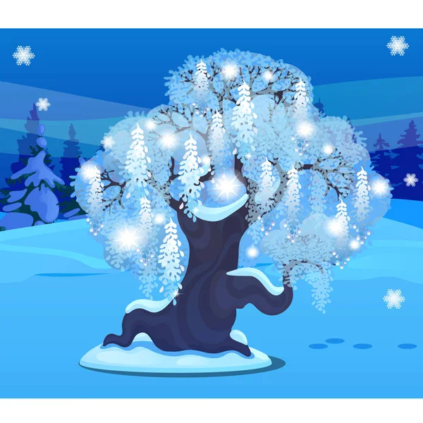 Skizze für Weihnachtsposter mit wunderschönem Baum mit ausladender Weinkrone. Vorlage für Grußkarte, Einladung zur Party. verschneite Winterlandschaft mit Schneefall. Glitzernde Schneeflocken, festliche Stimmung. — Stockvektor