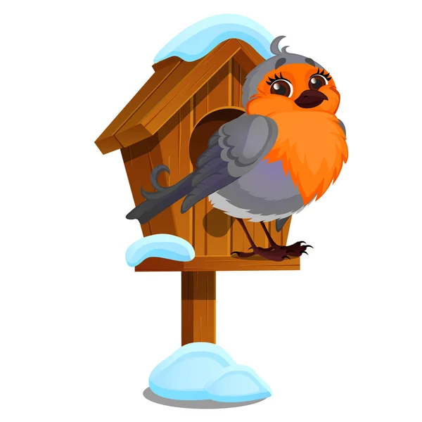 Uccello carino si siede in una casetta di legno isolata su uno sfondo bianco. Case invernali sono creati per la fauna selvatica. Illustrazione ravvicinata del fumetto vettoriale . — Vettoriale Stock