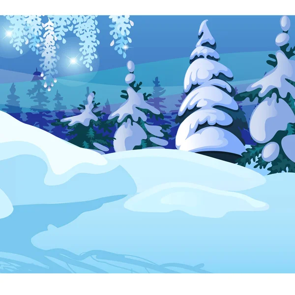 Winterskizze vor dem Hintergrund schneebedeckter Fichten und Bäume im Wald. Muster von Weihnachts- und Neujahrsgrußkarten, Festplakaten oder Partyeinladungen. Vektor Illustration Nahaufnahme Cartoon. — Stockvektor