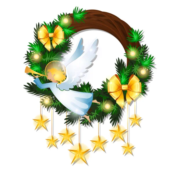 Рождественский эскиз с венком, украшенным еловыми ветками, золотым бантом ленты, летающим ангелом, гирляндой и висячими звездами. Образец плаката, приглашение, другая открытка. Векторная миграция . — стоковый вектор