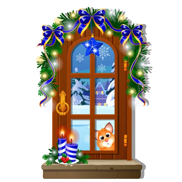 Mysig inredning hem fönster. Kvällen utsikten från fönstret utomhus vinter snö isolerad på vit bakgrund. Prov av jul affisch, inbjudan. Brinnande ljus, garland. Vektor tecknad närbild. — Stock vektor